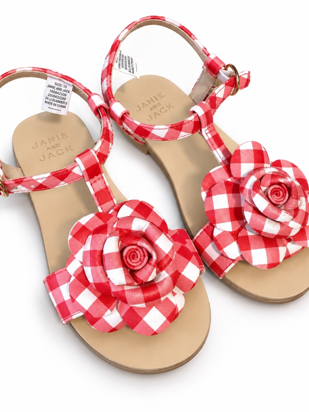 Janie and Jack Red and White Gingham Flower T-Strap Sandals